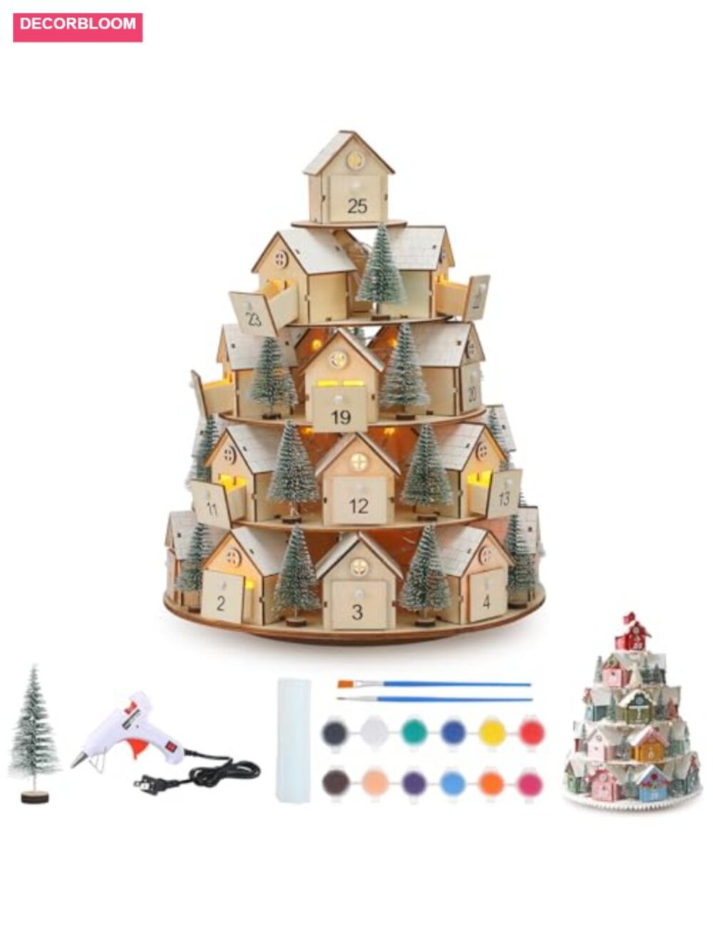 Wooden Rotating Advent Calendar DIY LED Christmas Village 25 Drawers